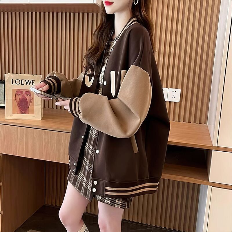 大码胖mm棒球服外套女春秋冬季薄款韩版宽松休闲百搭加绒夹克上衣