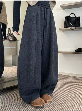 直筒加绒羊绒阔腿裤女秋冬2025新款加厚高腰显瘦休闲卫裤66365