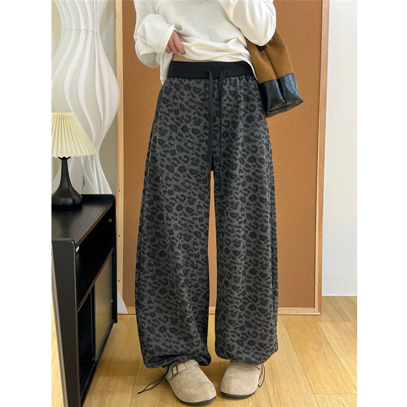 灰色洋气豹纹裤子女2025冬季新款高腰收口束脚两穿加绒垂感阔腿裤