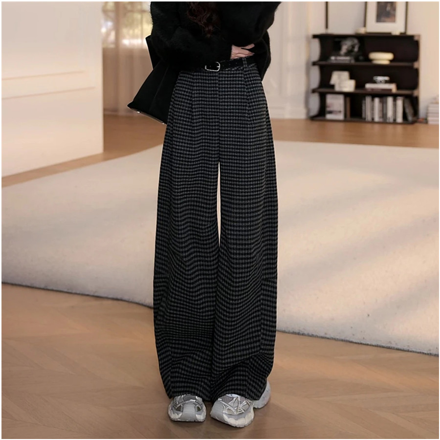 (送腰带）格子毛呢休闲裤女秋季新款高腰直筒长裤5488
