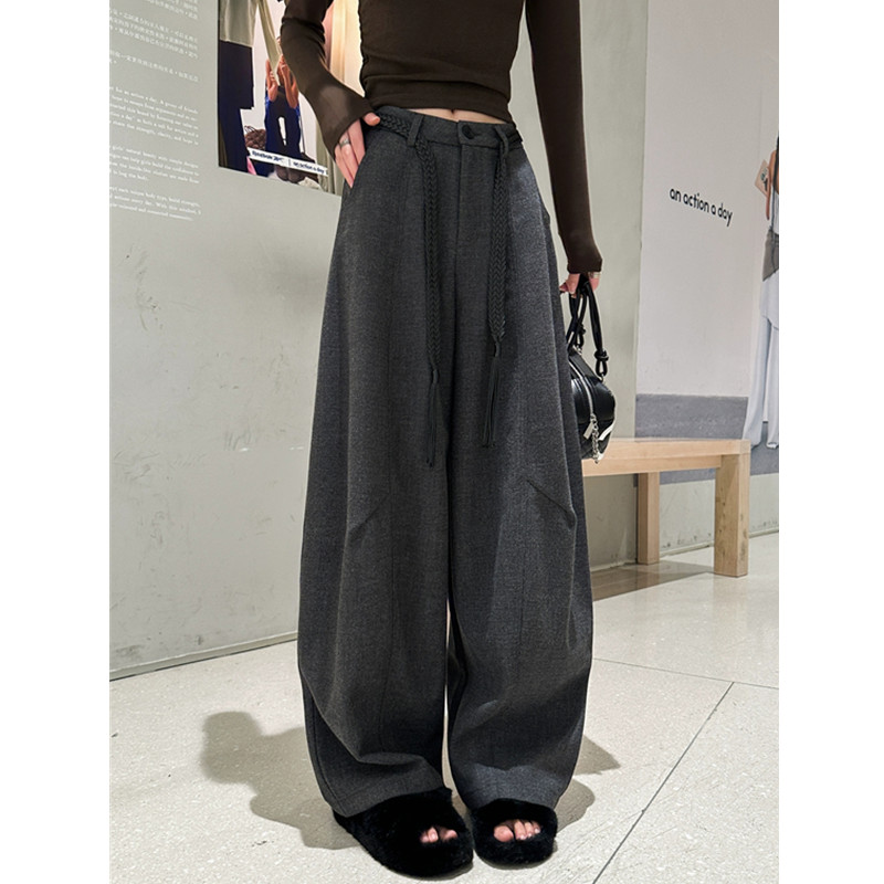 西装阔腿裤女2025秋冬季新款灰色裤子毛呢子直筒拖地弯刀休闲长裤