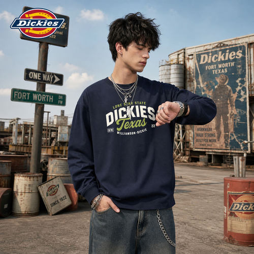 Dickies官方正品秋季美式复古字母印花长袖T恤男宽松圆领上衣男潮