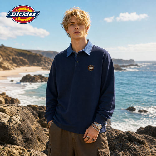 Dickies秋季设计感撞色POLO衫卫衣男新款宽松长袖翻领休闲上衣男