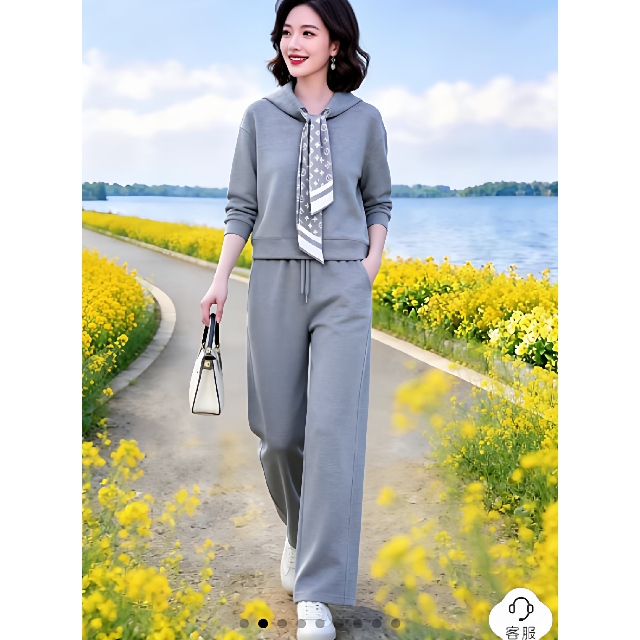 素雅订制简约大气固定丝巾连帽卫衣+松紧腰显瘦直筒卫裤休闲套装
