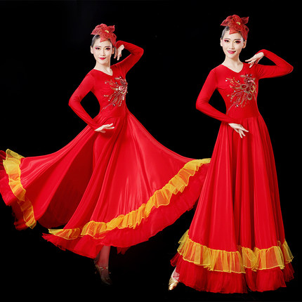 新款开场舞大摆裙合唱团演出服装红歌女成人广场舞扇子舞长裙伴舞