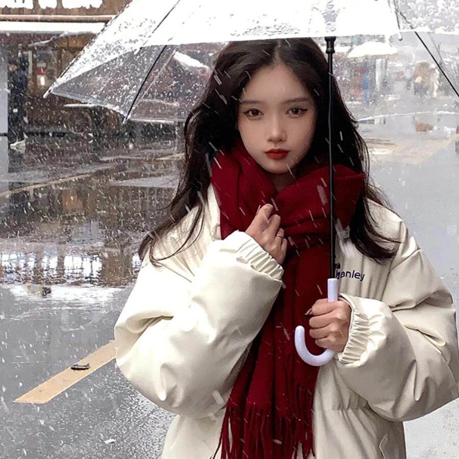 韩系纯色围巾女冬季2025新款百搭保暖学生披肩氛围感酒红围脖情侣