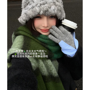 复古森林绿色仿羊绒围巾女冬季 学生流苏保暖百搭披肩围脖 2025新款