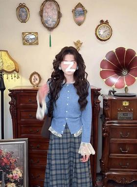 温敏er复古蕾丝拼接蓝色毛衣针织开衫女秋冬季韩系慵懒风长袖上衣