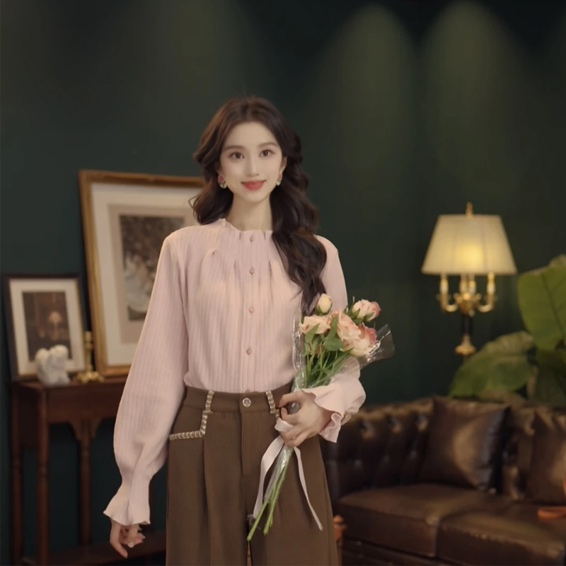 港风复古针织长袖衬衫厚款上衣女