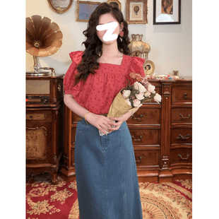 一生罗曼复古港风碎花方领短袖衬衫女夏法式设计感小众荷叶边上衣