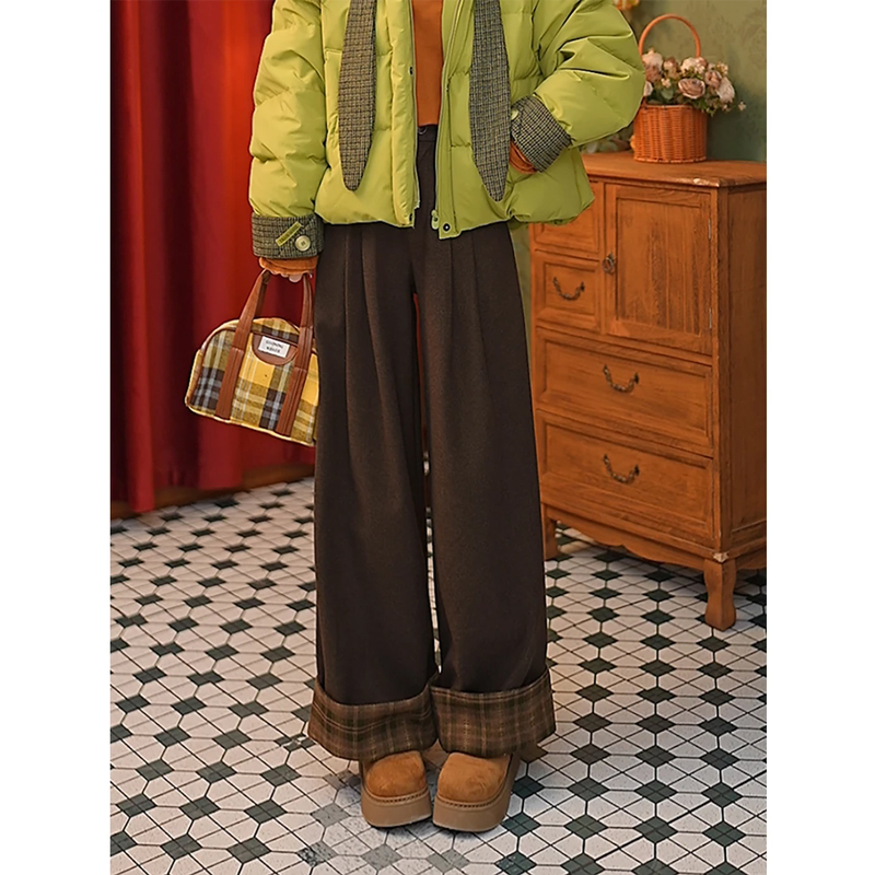 复古咖色直筒阔腿裤女秋冬季宽松