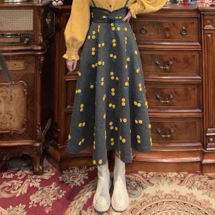 一生罗曼复古港风樱桃A字半身裙女秋冬季加厚高腰中长款气质裙子