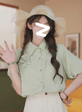 荔枝Lizhi复古港风花朵短袖衬衫女夏季衬衣宽松显瘦百搭气质上衣