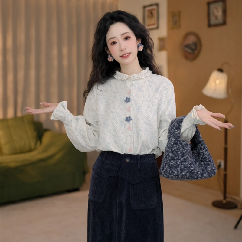 复古港风提花长袖衬衫女秋冬厚款