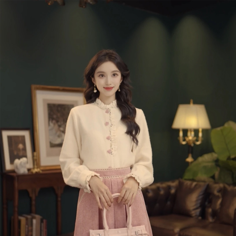 复古港风花边长袖衬衫女秋冬厚款