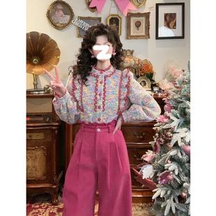 一生罗曼复古彩色撞色花边长袖衬衫女冬季加绒设计感编织气质上衣