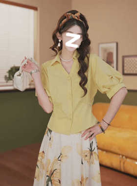 荔枝Lizhi复古港风纯色短袖衬衫女装夏季收腰显瘦设计感气质上衣