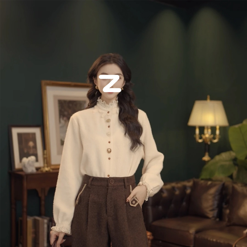 复古港风蕾丝拼接长袖衬衫女秋冬