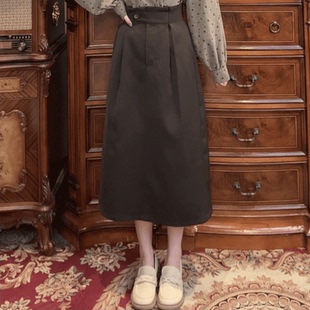 一生罗曼复古港风A字半身裙女春秋季高腰显瘦中长款休闲气质裙子