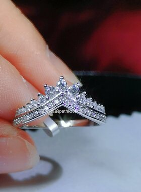 S925纯银18K金高碳钻石戒指女轻奢公主皇冠INS风配戒指环饰品礼物