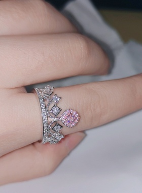 镀18k彩金粉色高碳女ins钻石戒指