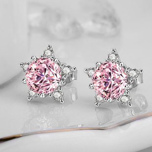 18K白金高碳钻石耳环 简约粉色满钻星星仿真钻耳钉女防过敏养耳洞