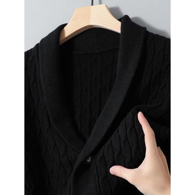 新款针织开衫毛衣男外套秋冬青果领麻花羊毛V领男款高端针织衫