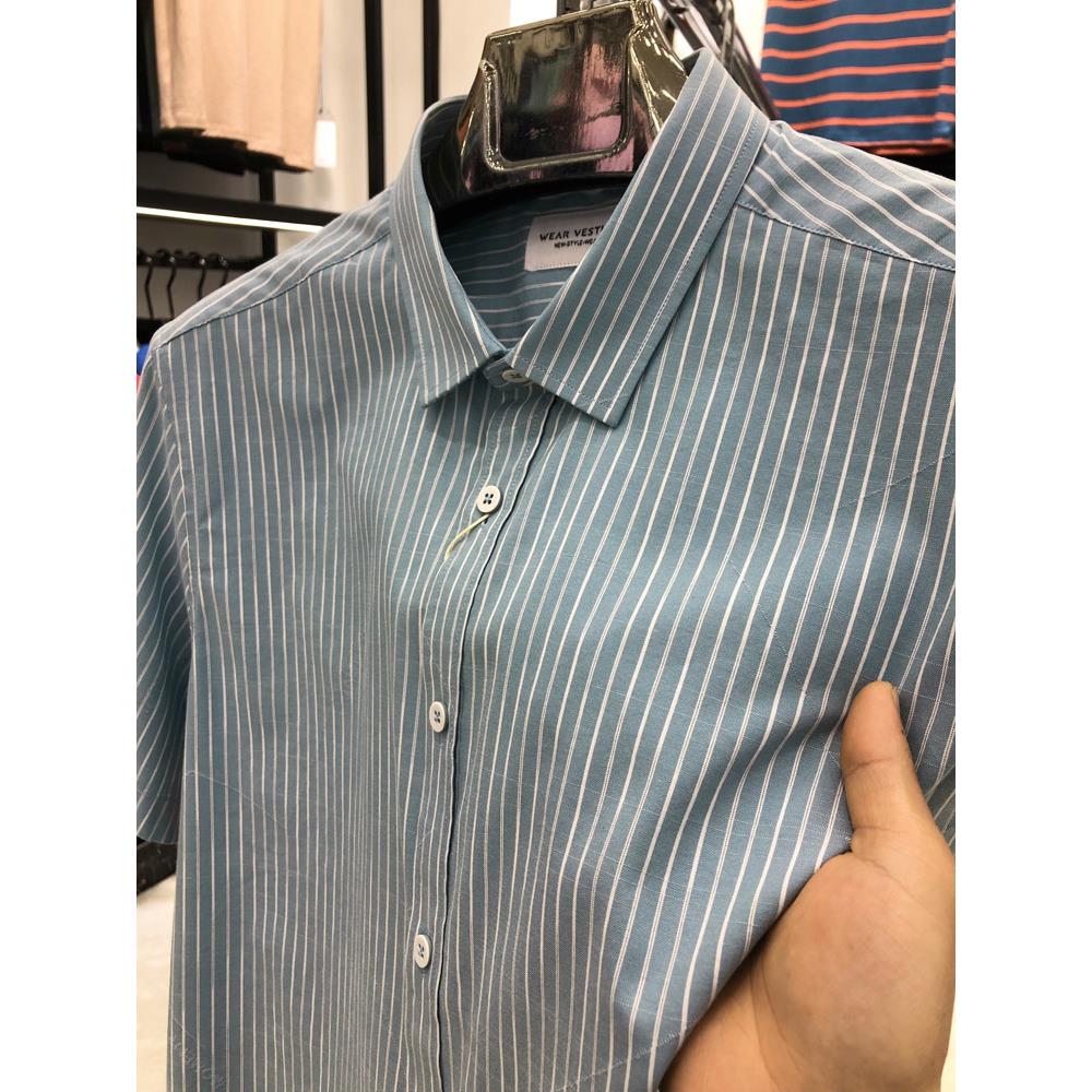 2023年新款竖条纹男士衬衫短袖夏季带领polo衫休闲上衣男潮流丅