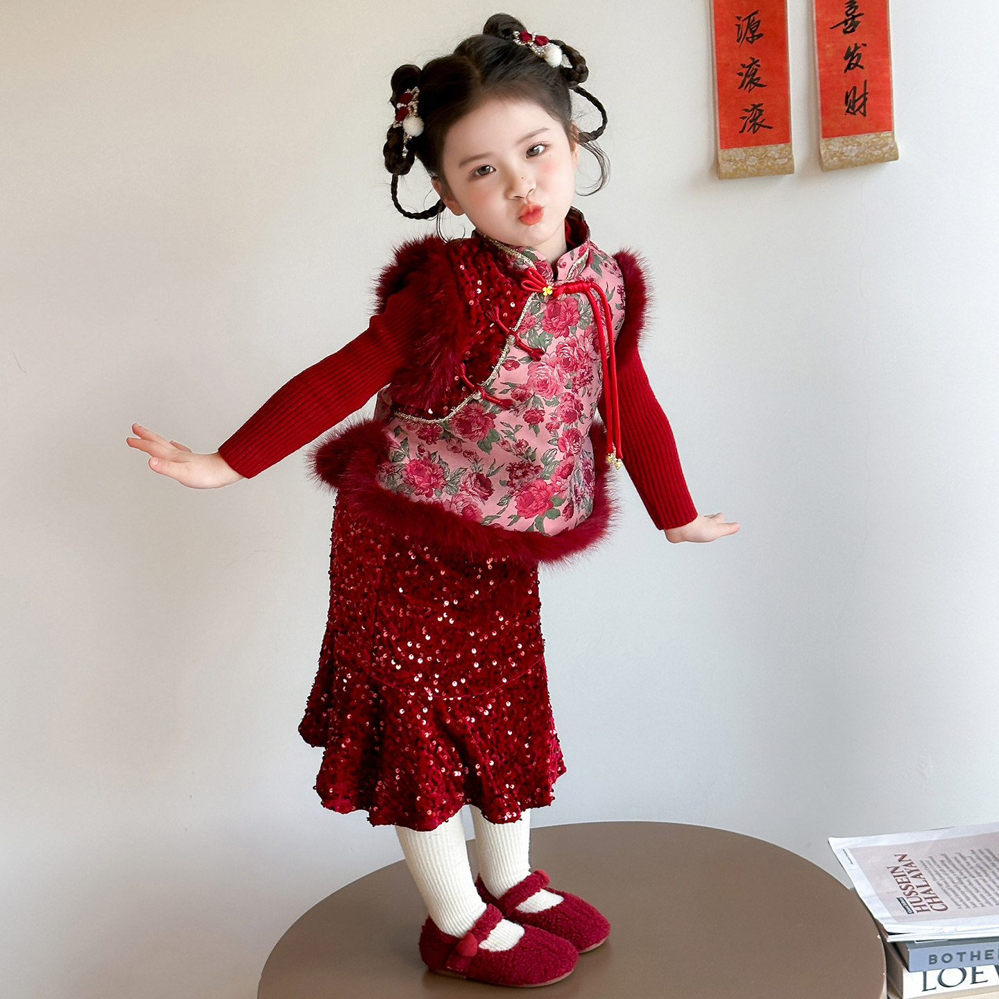 女童花开富贵唐装冬季儿童加厚马甲三件套新年服女孩宝宝拜年服装