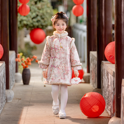 女童粉色旗袍裙冬季儿童夹棉加厚新年服唐装新中式女孩宝宝拜年服