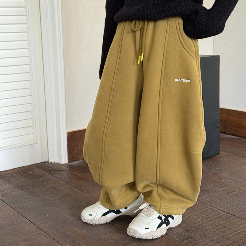 女童加绒卫裤秋冬儿童一体绒黄色运动裤子韩版女孩宝宝加厚休闲裤