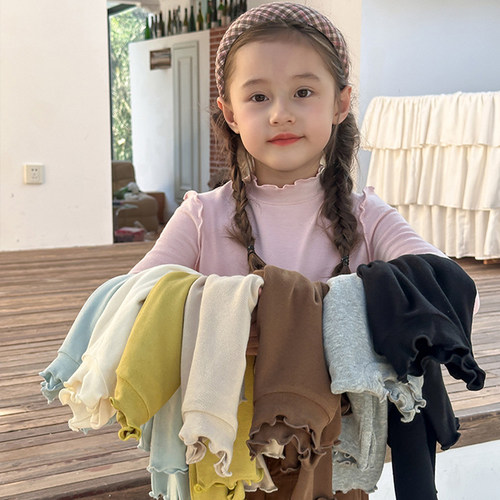 童装女童木耳边打底衫秋冬儿童纯棉中领内搭甜美女孩纯色长袖t恤