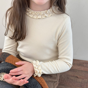 女童花边领打底衫长袖春秋冬儿童米杏色纯棉t恤女孩宝宝加绒内搭