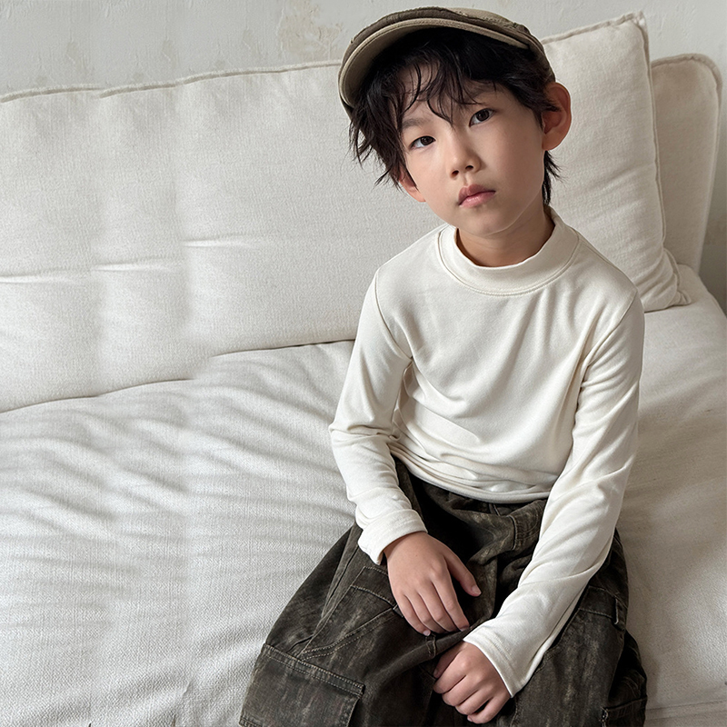 男童半高领打底衫春秋儿童米色纯棉莫代尔内搭t恤韩国男孩上衣服