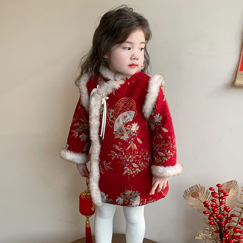 女童唐装旗袍裙冬季儿童夹棉加厚拜年服装女孩宝宝红色加绒新年装