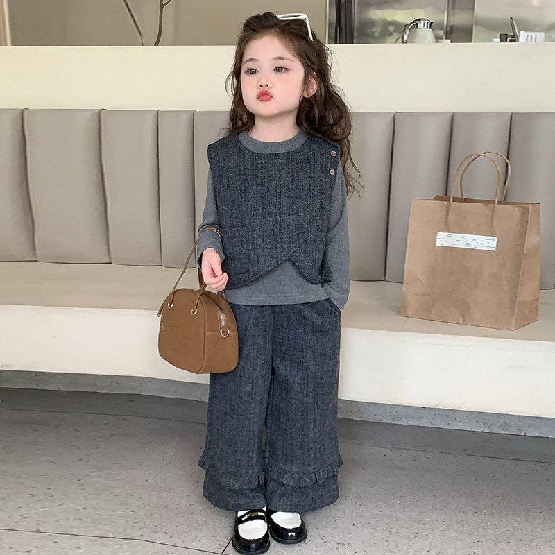 女童套装春秋儿童马甲打底衫灰色三件套韩版女孩宝宝纯棉春装衣服