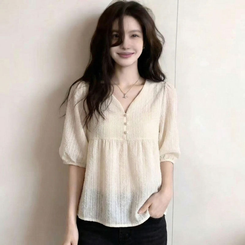 法式蕾丝打底衫女春秋内搭泡泡袖气质上衣v领七分袖白衬衫高级感