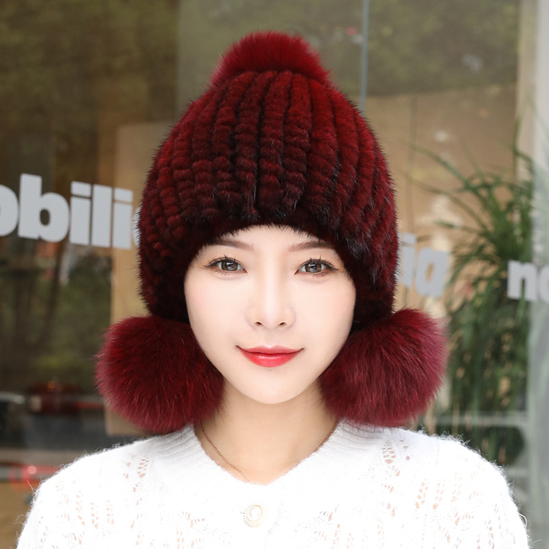 水貂皮草编织帽子貂毛女士狐狸球冬天冬季保暖护耳帽加厚新款包邮