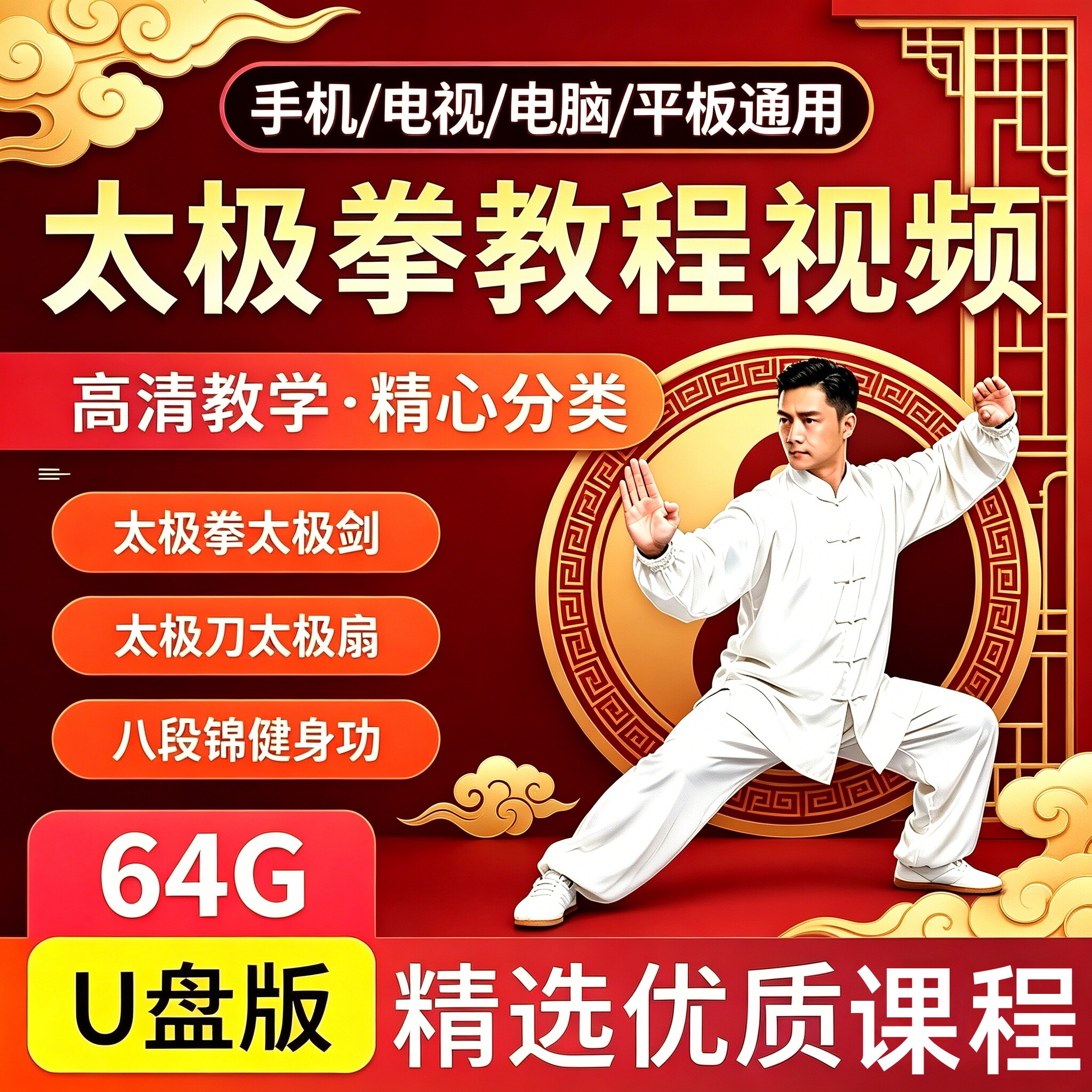 太极拳教程U盘二十四式太极剑刀扇视频零基础陈式杨氏健身功教学