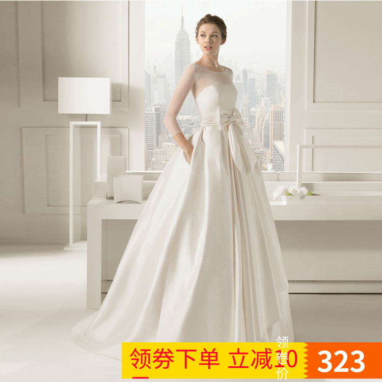 2016新款婚纱礼服绸缎长袖显瘦一字肩缎面拖尾蝴蝶结