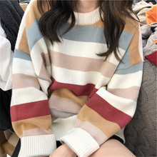 上衣 长袖 森系外穿毛衣女秋冬2021年新款 宽松外套慵懒风条纹针织衫