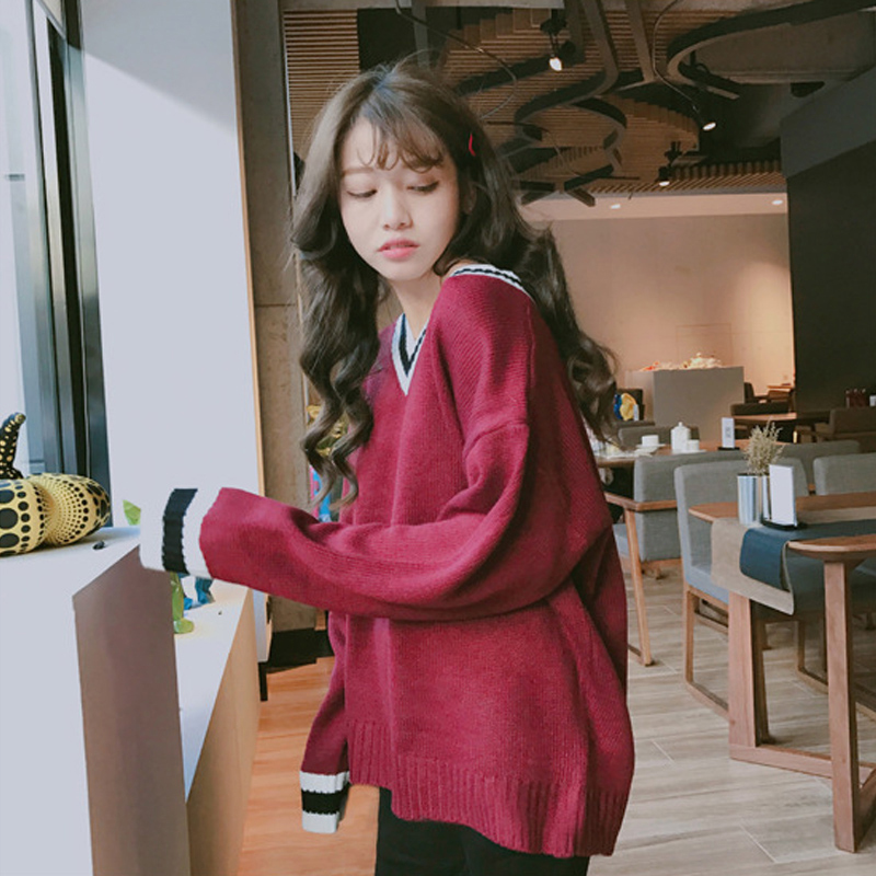 ulzzang慵懒学院风V领毛衣女套头秋冬新款韩版学生宽松打底针织衫在类目 女装/女士精品, 毛衣中 - 来自Buy2taobao.com提供专业的淘宝代购服务
