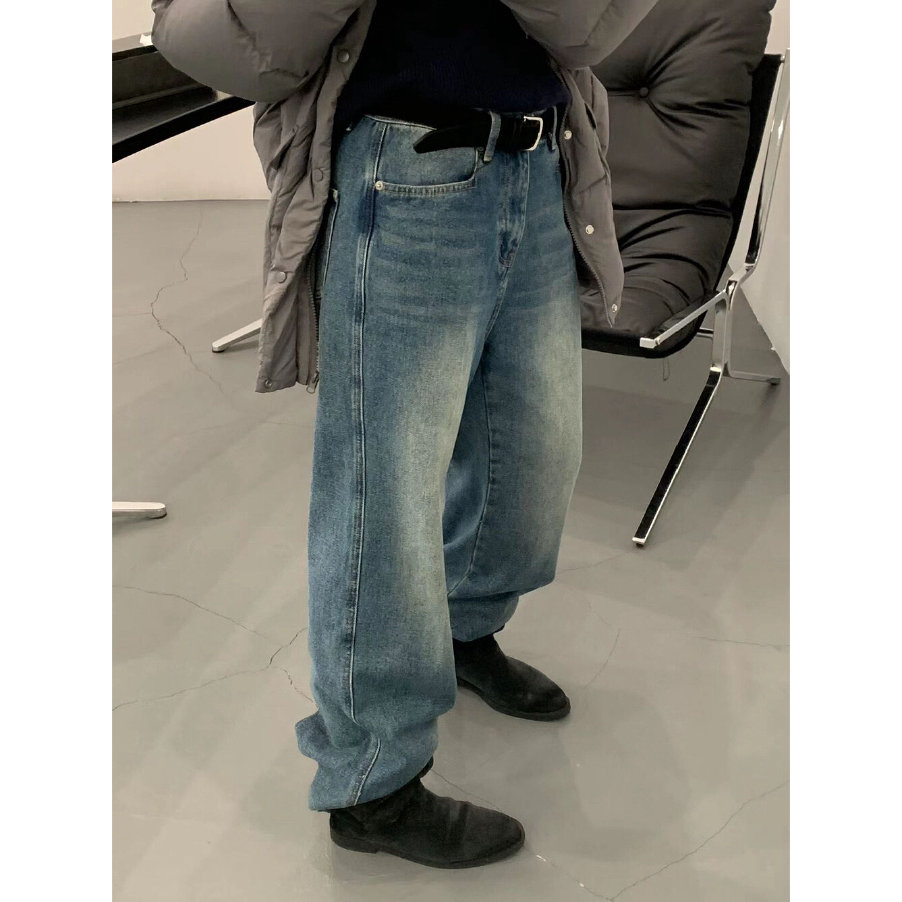 SEEU SEEU SEEU 加绒渐变水洗直筒牛仔裤