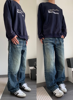 CAGT 秋冬美式复古水洗做旧牛仔裤男女潮牌修身直筒休闲长裤子男
