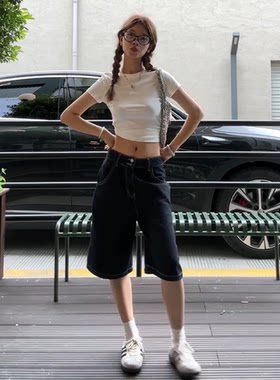 黑色美式复古高腰牛仔短裤女夏天外穿时尚宽松直筒显瘦阔腿五分裤