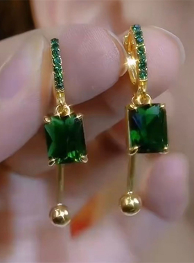轻奢高级感几何绿色水晶耳环女小众时尚设计耳扣优雅百搭耳饰耳坠