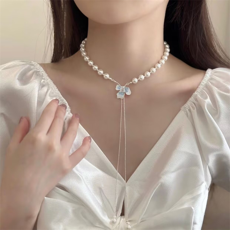 冰晶蓝色鸢尾珍珠项链女2025新款气质锁骨链轻奢高级感抽拉式颈链,饰品/流行首饰/时尚饰品新,项链,淘宝优惠券,粉丝福利购,淘宝优惠卷