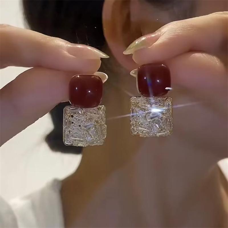 S925银针红色耳钉耳饰