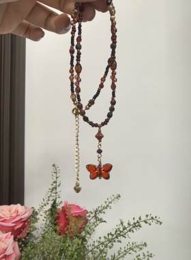 原创设计小众叠戴天然石串珠复古项链女新款吊坠锁骨链颈链红蝶