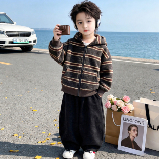 男童套装秋冬款2026新款韩版儿童条纹连帽毛呢外套休闲裤子两件套